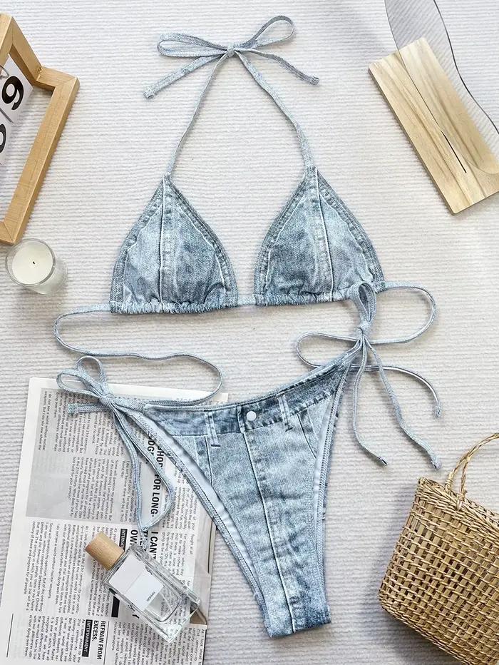 Sexy Denim imprimé Bikinis femme été 2026 Push Up Bikini ensemble maillot de bain deux pièces string