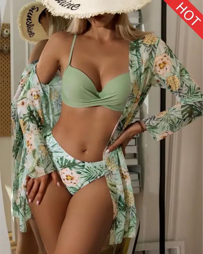 Cache maillot trois pièces pour femmes, modèle Floral, Push-Up, manches longues, Sexy, vêtements de 