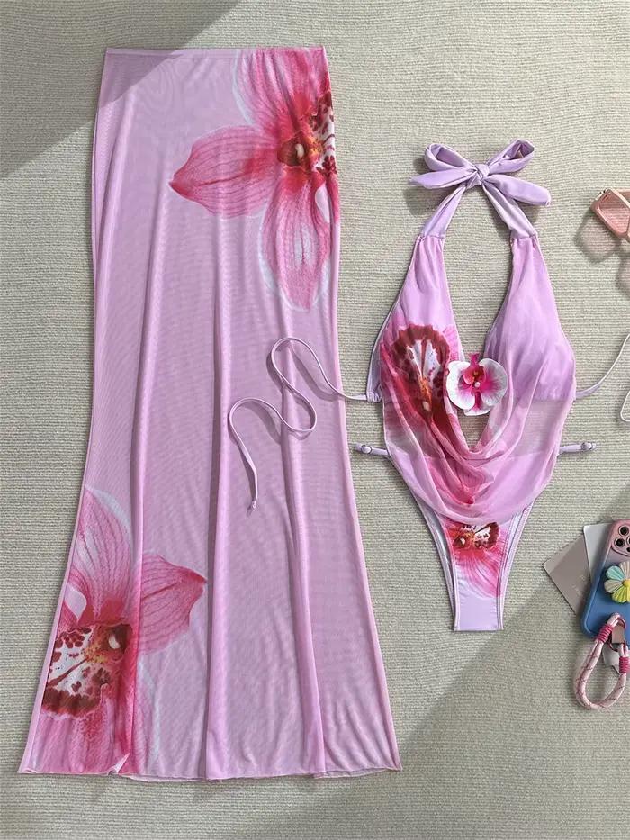 Maillot de bain 3 pièces rose imprimé pour femme, bikini dos nu à col drapé, robe longue de plage, m