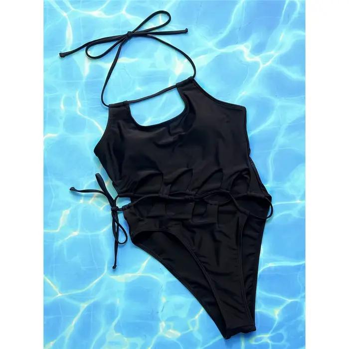 Maillot de bain une pièce sexy pour femme, style licou, à découpes, à lanières, à lacets, coupe haut