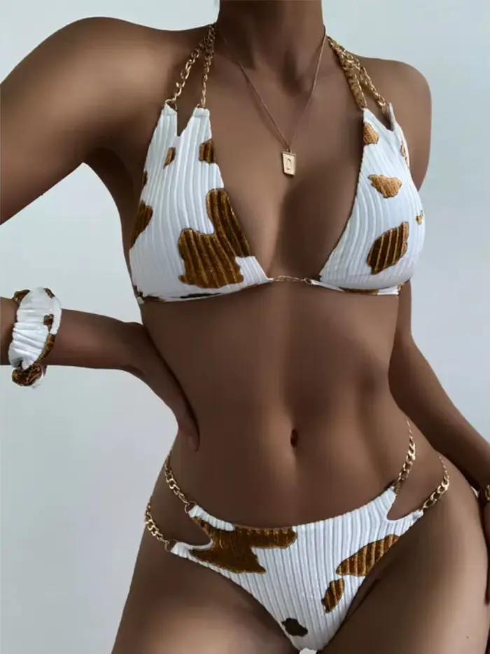 Maillot de bain deux pièces imprimé vache, tendance, avec détail de chaîne, dos ouvert, vêtements de