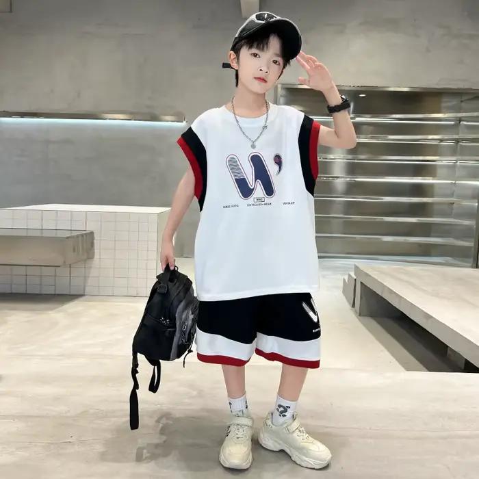 Maillot de basket pour garçons, ensemble décontracté d'été avec t-shirt sans manches imprimé et shor