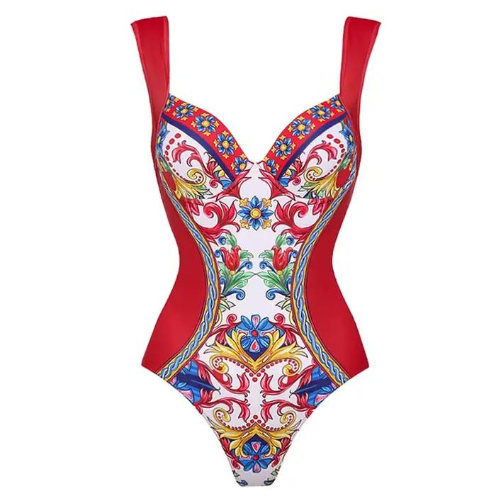 Vintage fronde motif imprimé Bikini ensemble femmes maillots de bain Push Up une pièce maillot de ba
