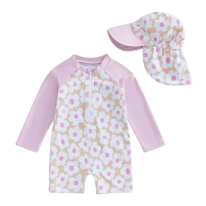 Tregren-Maillot de bain à manches longues pour fille, imprimé floral/flamant rose, demi-fermeture éc