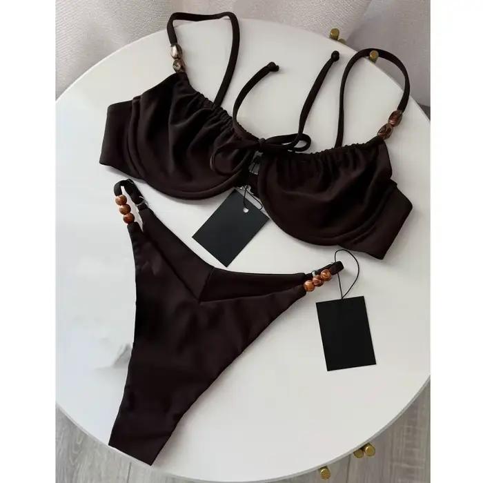 Nouveau maillot de bain sexy marron à lacets au dos, taille basse, motif à pois, décoré de perles, v