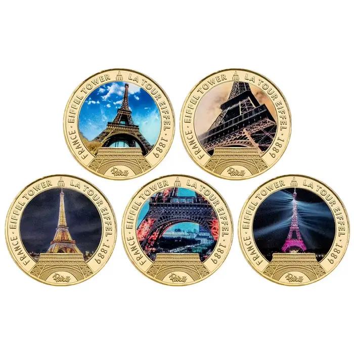 Ensemble de 5 pièces de monnaie commémoratives de la Tour Eiffel de Paris, France, plaqué or, souven