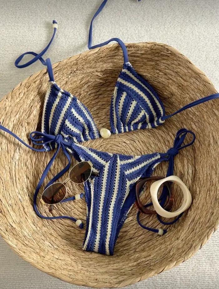 Ensembles de bikinis sexy en tricot à rayures et perles, deux pièces, avec haut dos nu à nouer et ba