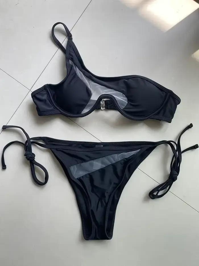 Maillot de bain en maille, asymétrique épaule dénudée, à armatures, col en V, soutien-gorge Push Up,