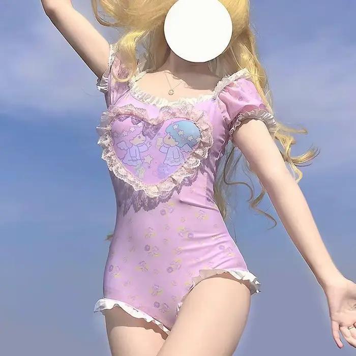 Maillot de bain Sanrios grande taille pour filles, combinaison à manches bouffantes avec imprimé de 