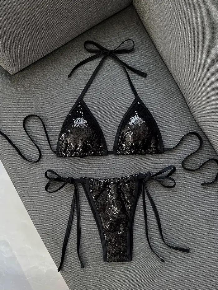 Ensemble bikini bleu à sequins brillants 2026 pour femme, sexy, avec soutien-gorge push-up à nouer e