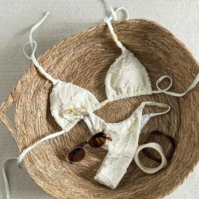 Micro bikini string sexy 2026 pour femme, blanc, en dentelle ajourée, avec soutien-gorge push-up, ma