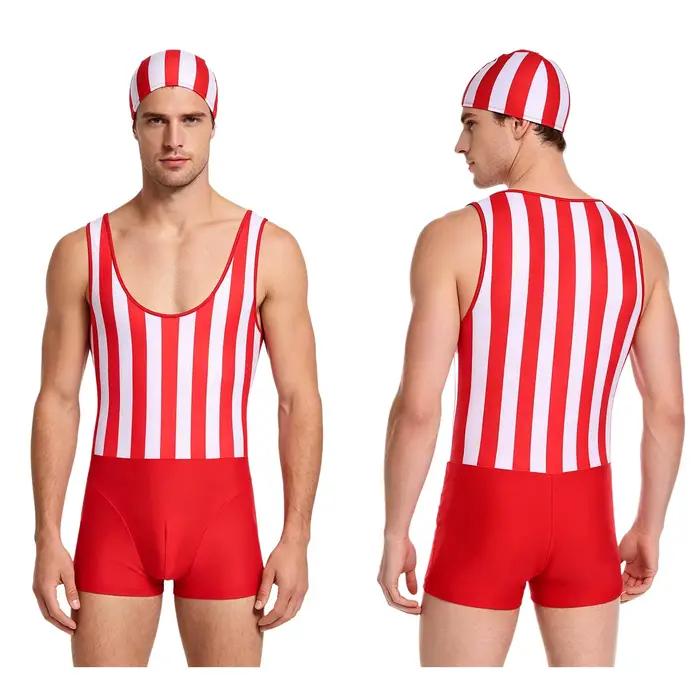 Combinaison de bain rayée pour homme, séchage rapide, sans manches, une pièce, avec bonnet, pour le 