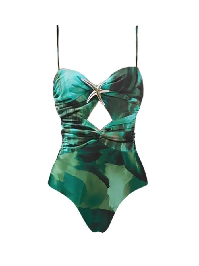 Nouveau Maillot de Bain Une Pièce Imprimé Vert 2026 pour Femme avec Jupe Parapluie Fendue – Tenue de