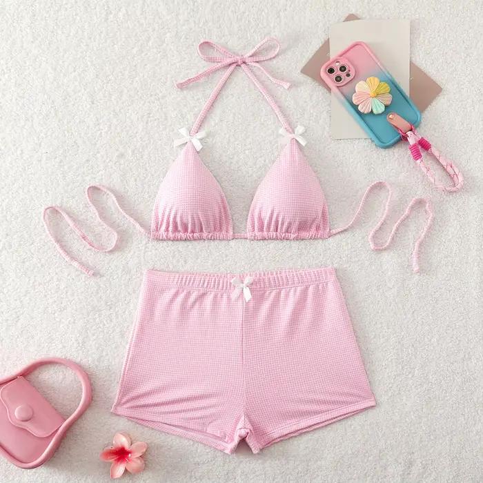 Ensemble bikini à carreaux pour femmes, haut triangulaire à col licou, maillot de bain deux pièces e