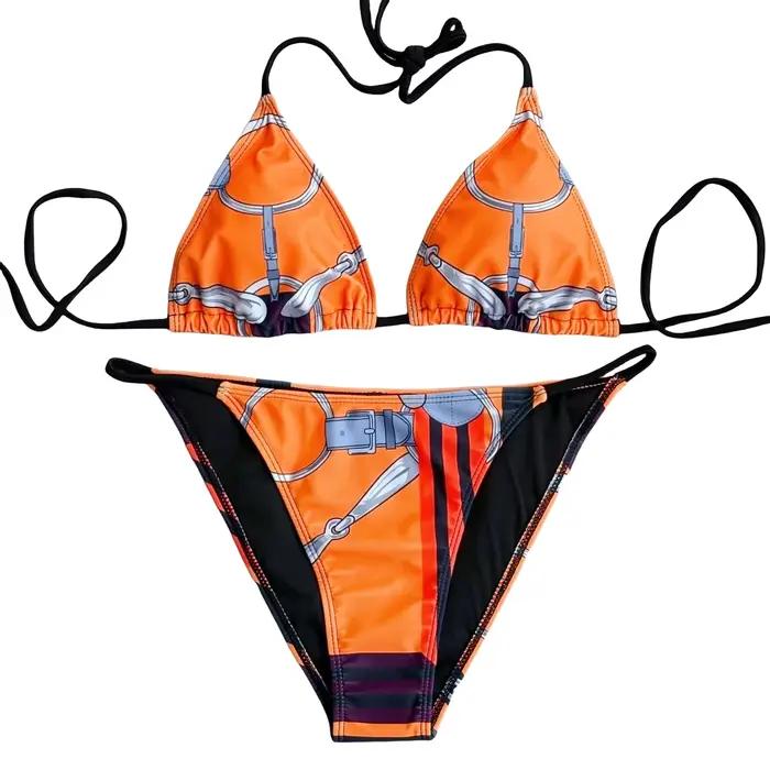 Luxe Sexy Orange géométrie imprimé Bikini 2 pièces ensemble femmes licou élastique string maillot de