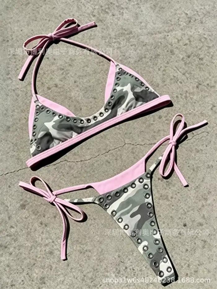 Ensemble bikini rose camouflage pour femme 2026, haut triangle dos nu et bas string à nouer sur les 