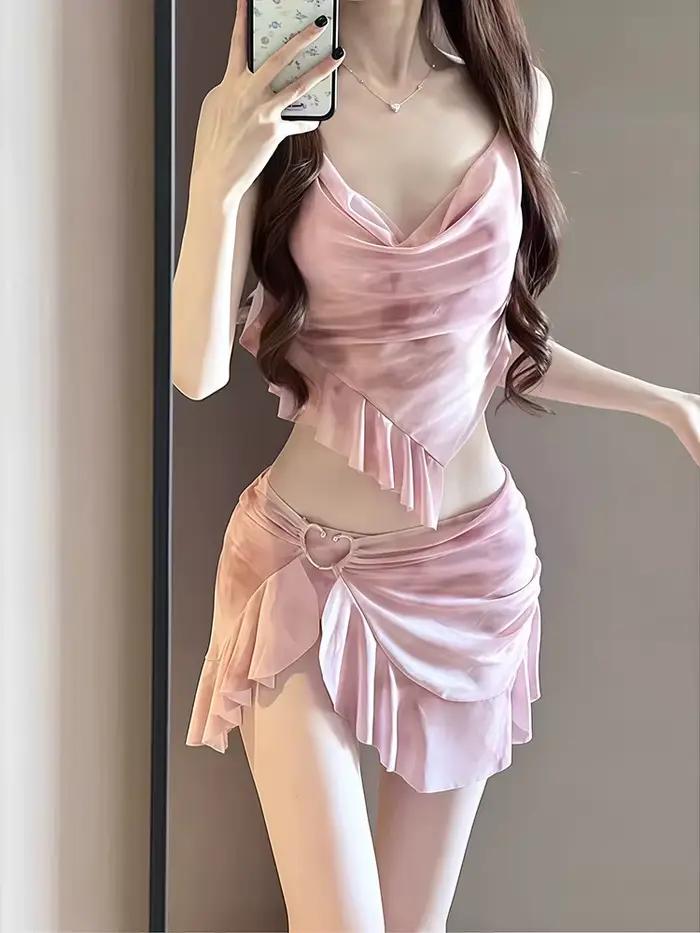 Nouveau Style coréen ensemble Bikini femmes rose dégradé volants Push Up maille jupe 3 pièces maillo