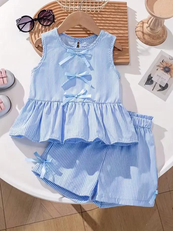 Ensemble deux pièces rayé rose et blanc pour fille, avec haut à volants et nœud à lacets, et short p