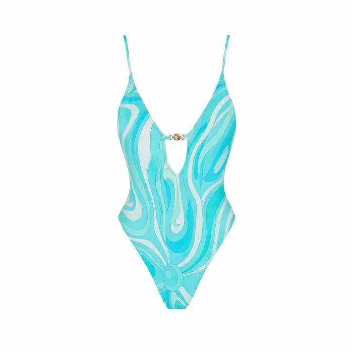 Maillot de bain une pièce à col en V profond avec jupe pour femme, imprimé, monokini, tenue de plage