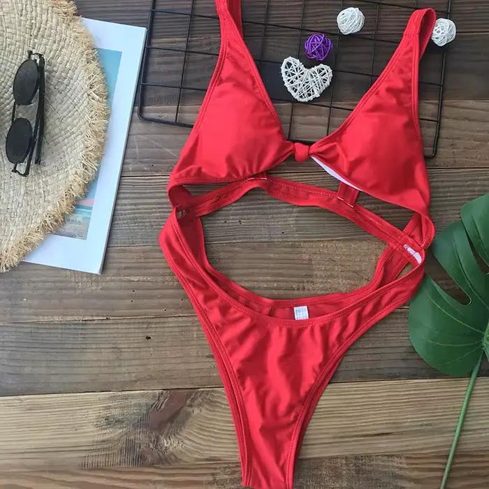 Sexy découpé une pièce maillot de bain femmes maillots de bain string maillot de bain noir rouge ver