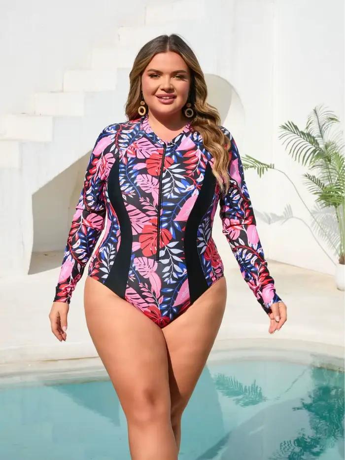 Maillot de bain grande taille pour femme, manches longues, fermeture éclair avant, protection anti-U