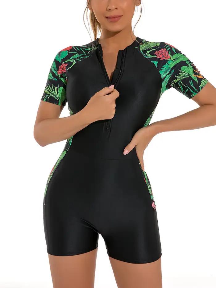 Maillot de bain une pièce pour femmes, manches courtes, imprimé Floral, fermeture éclair, protection