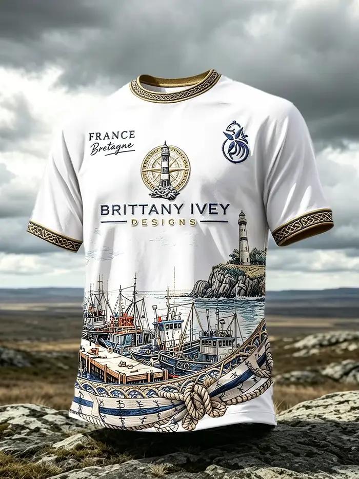 T-shirt à motif breton de France - Bleu Aigle Marin - Imprimé Rayures Dynamiques - T-shirt à manches