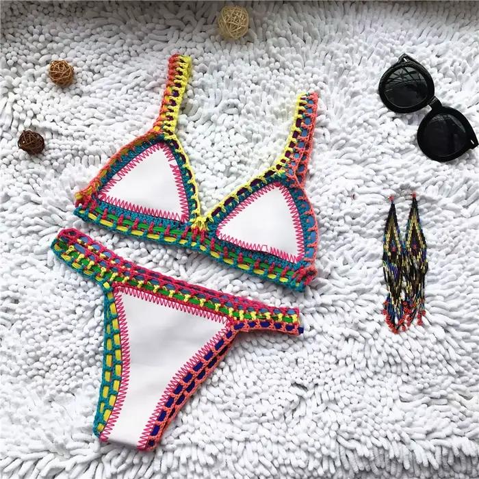 Bikini Crochet 2026 Fait Main Tricoté Patchwork Réversible 2 Pièces Maillot de Bain Femme Halter Top