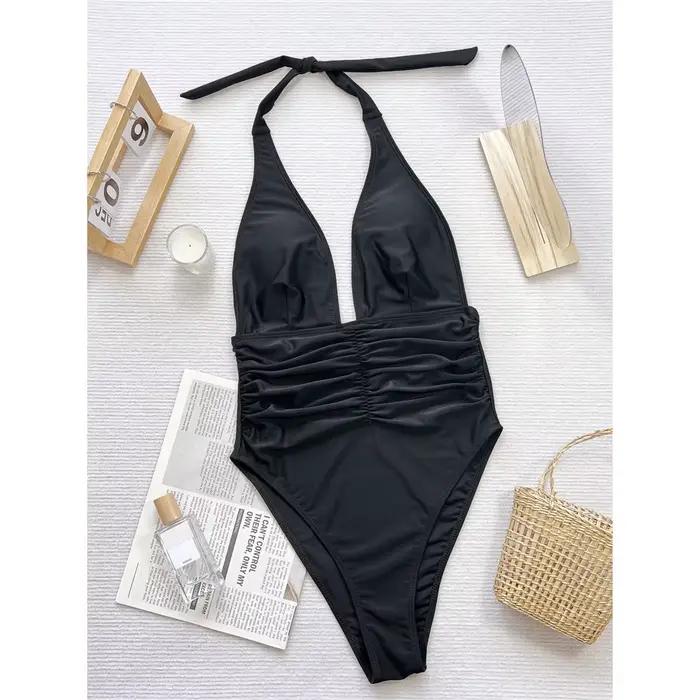 Maillot de bain une pièce sexy noir et marron à col en V profond et froncé pour femme, coupe haute, 