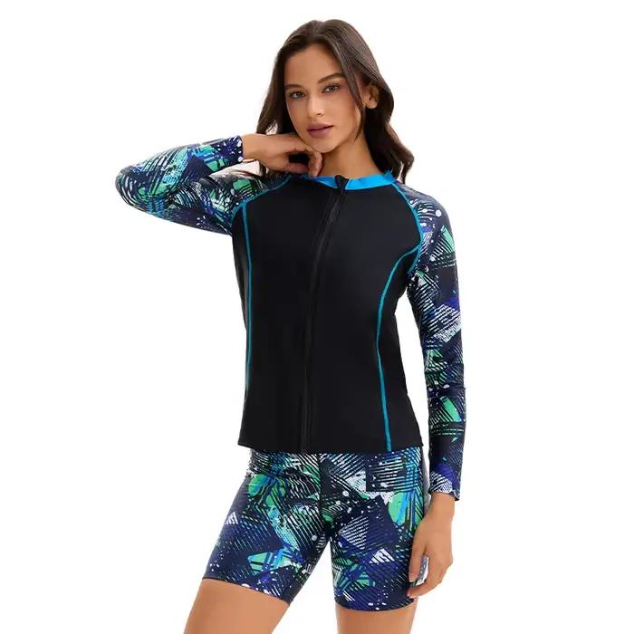 Maillot de bain trois pièces imprimé Boyleg pour femmes, manches longues, avec soutien-gorge, fermet