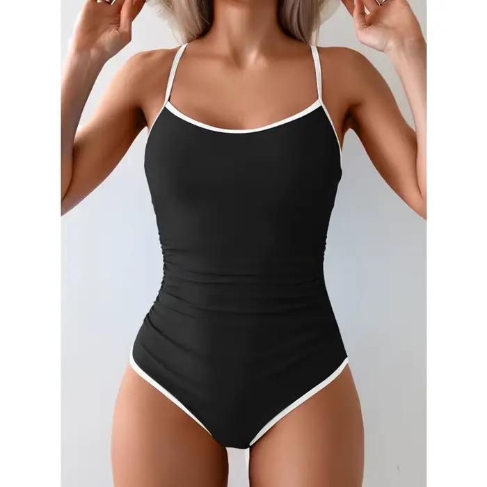 Maillot de bain une pièce pour femmes, contrôle du ventre, amincissant, bloc de couleurs, bretelles,