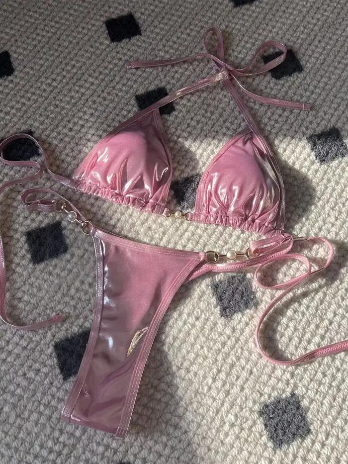 Micro bikini rose brillant 2026 pour femme, sexy, en PU, avec perles, push-up, string, maillot de ba