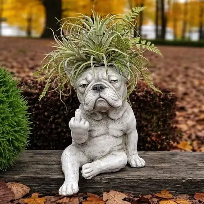 Pot de fleurs en résine en forme de bouledogue français grincheux, support de plantes élégant, ornem