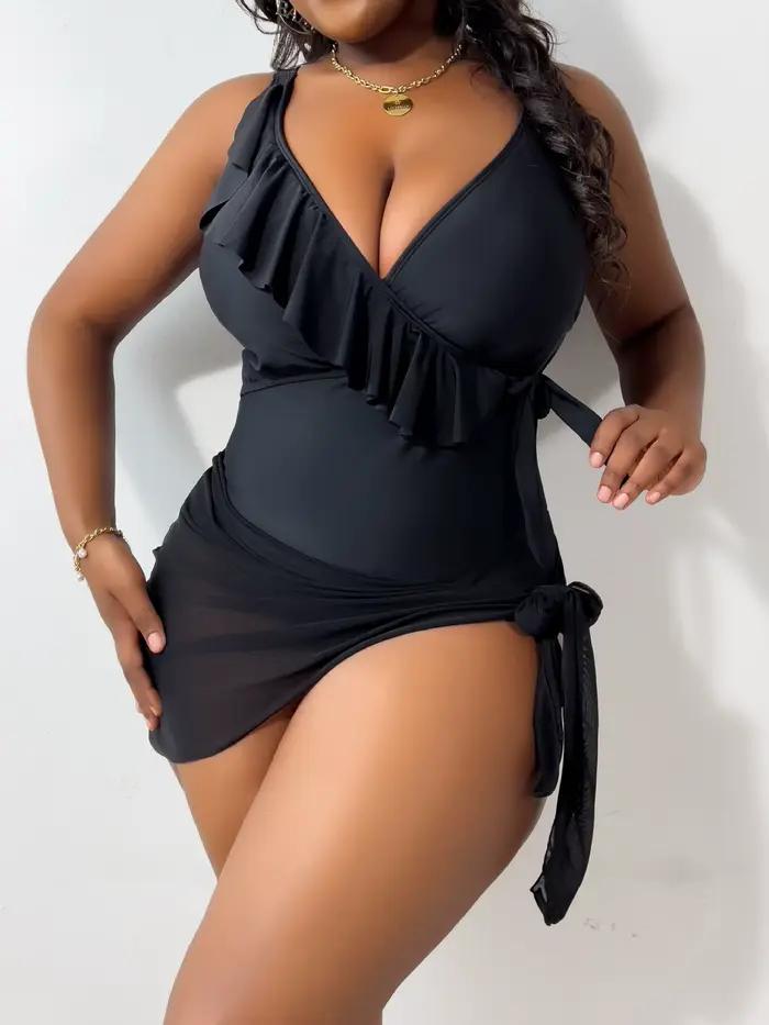 Maillot de bain une pièce grande taille avec jupe en maille, col en V à volants, liens latéraux, eff
