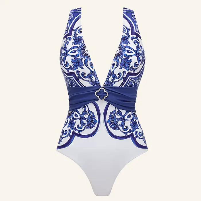Femme maillots de bain 2025 robe de plage col en V classique majolica série motif imprimé une pièce 