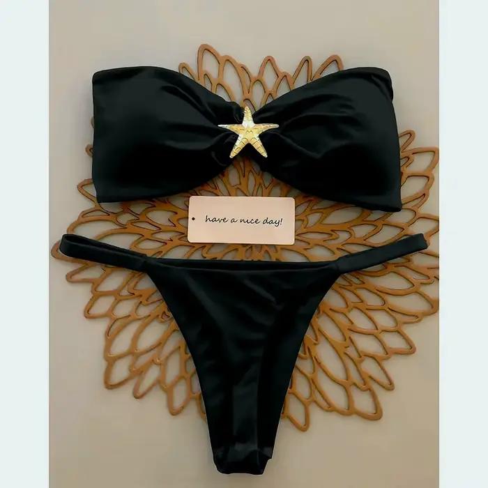 Ensemble bikini bandeau sexy 2026 pour femme, bleu ciel, orné d'étoiles de mer, maillot de bain brés