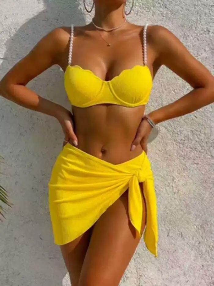 Circyy Ensemble de maillot de bain femme avec perles, bikini halter, jupe paréo fendue, nouvelle col