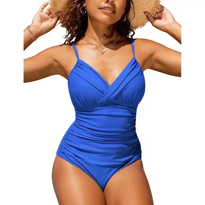 Maillot de bain une pièce sexy, couleur unie, plissé croisé, moulant, tendance et monochromatique – 
