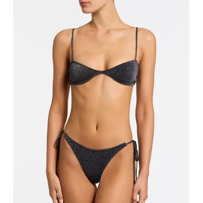 Maillot de bain noir brillant pour femmes, bikini brésilien, fendu avec coussinets de poitrine, culo