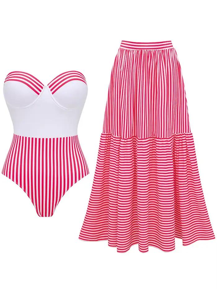 Maillot de bain une pièce Bandeau, Push Up, pour femmes, robe de plage, imprimé rayé, vêtements de p