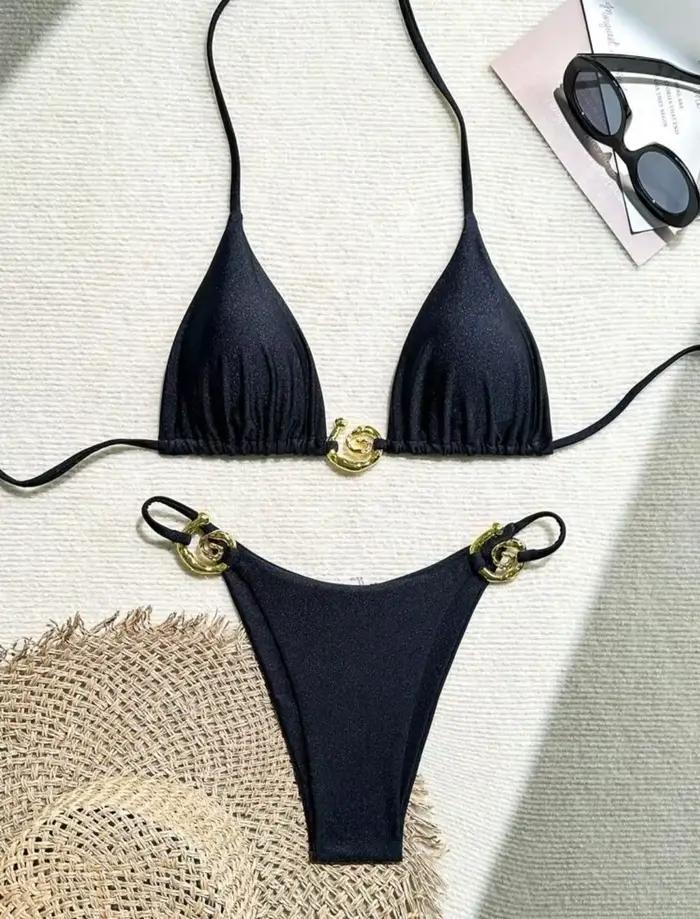 Métal Micro Bikini maillots de bain femmes Sexy à lacets Triangle licou coupe haute string Bikini en