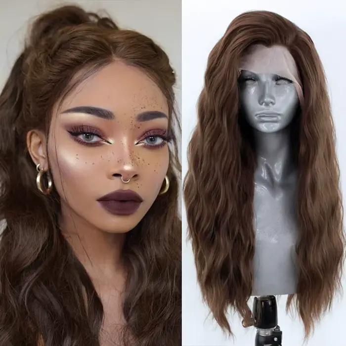 AIMEYA perruque Lace Front Wig synthétique longue ondulée perruque de cheveux bruns synthétiques per