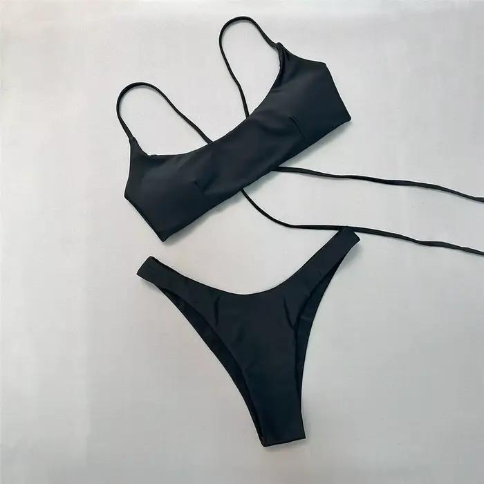 Ensemble de micro-bikini bandeau marron, dos à lacets, maillot de bain sexy uni, vêtements de bain p