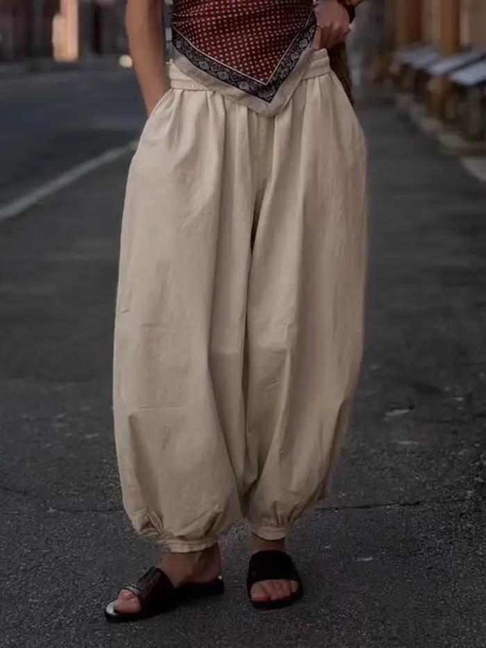 Pantalon large beige pour femme, coupe ample, style lanterne, taille élastique, décontracté, oversiz