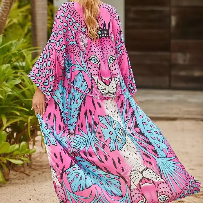 Beach Cover Ups Sexy imprimé léopard maillot de bain Cape femmes Long paréo auto ceinturé robes port