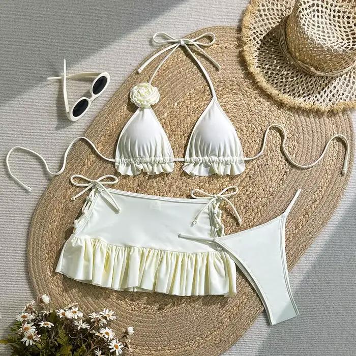 Ensemble de bikini 3 pièces pour femmes, vêtements de plage, triangle à fleurs 3D, string, maillot d