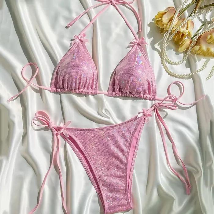 Maillot de bain à sequins pour femmes, rose, sexy, soutien-gorge push-up, bikini brésilien, ensemble
