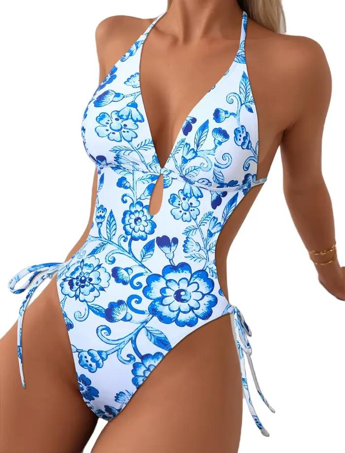 Maillot de bain une pièce avec corde imprimée bleue et blanche, poitrine push-up, coupe bikini