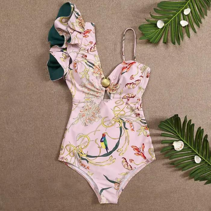 Maillot de bain une pièce, sexy, à volants, imprimé floral, pour femmes, vêtements de plage, monokin