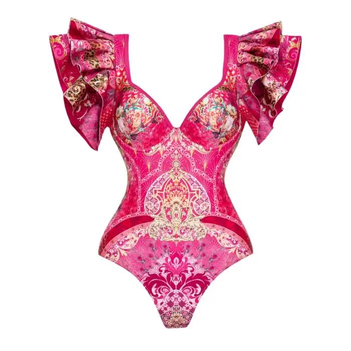 FLAXMAKER-Maillot de bain une pièce et jupe à volants, vêtements de plage de luxe, imprimé fleuri, r